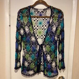Joseph A Blue Multi Floral Crochet Cardigan Cover Up Large